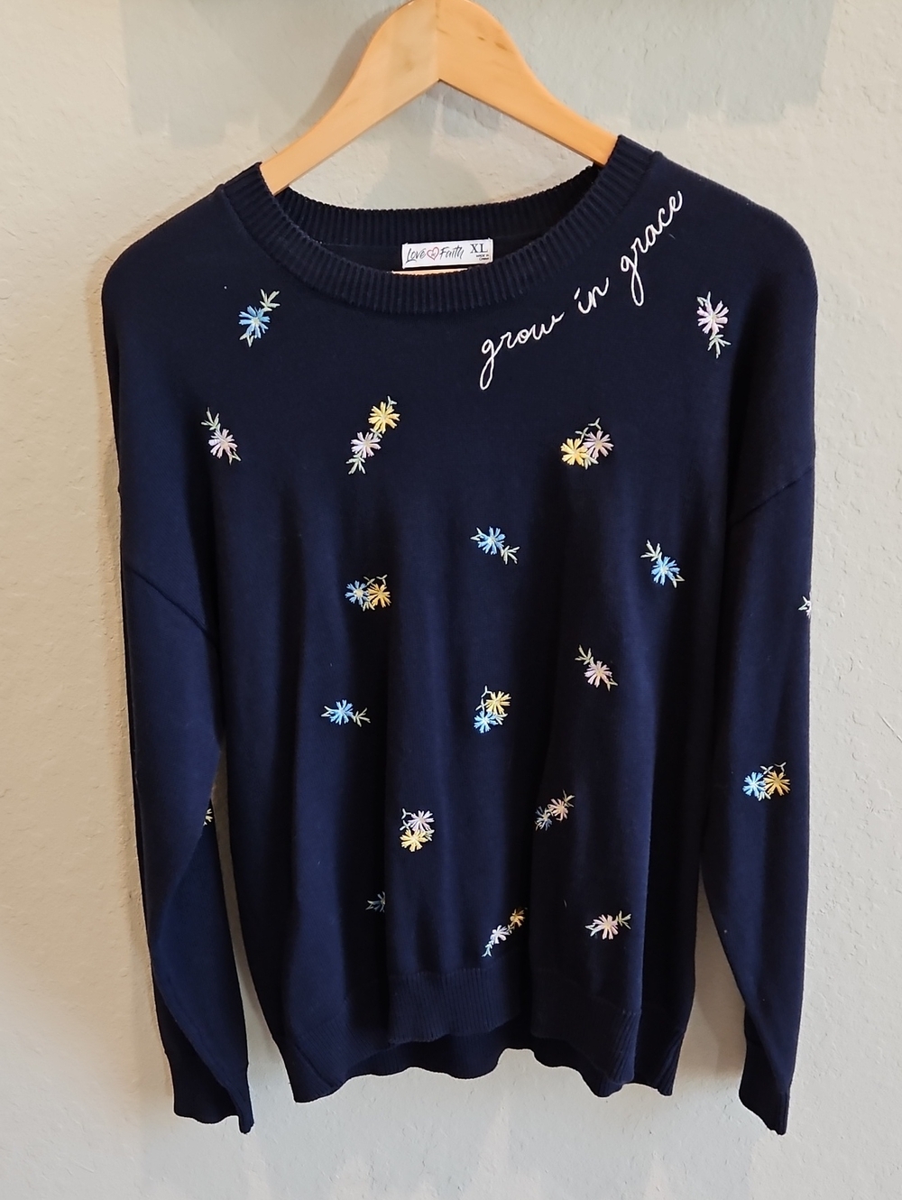 Love in Faith Navy Embroidered 'Grow in Grace' Sweater